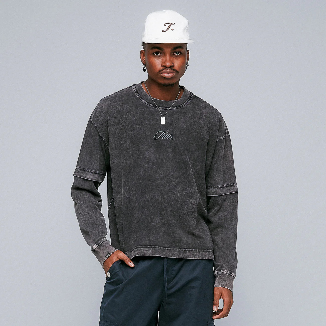 Washed Double Sleeve Tee - Black TRUE
